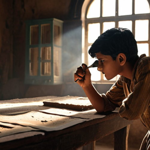 Home 15 **
A young ফেলুদা, intensely focused, examining a clue with a magnifying glass. Topse is beside him, looking on with eager anticipation. The scene is set in a mysterious, old building with shadows and dust motes dancing in the light. Capture the essence of suspense and the thrill of solving a mystery, reminiscent of সত্যজিৎ রায়'s classic stories.
**