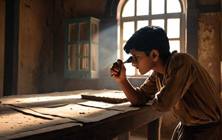 **

A young ফেলুদা, intensely focused, examining a clue with a magnifying glass. Topse is beside him, looking on with eager anticipation. The scene is set in a mysterious, old building with shadows and dust motes dancing in the light. Capture the essence of suspense and the thrill of solving a mystery, reminiscent of সত্যজিৎ রায়'s classic stories.

**
