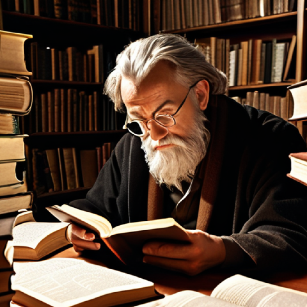 **

A philosopher deeply engrossed in a book, surrounded by stacks of other books, with notes scattered around. The scene is lit by a warm, inviting light, highlighting the philosopher's focused expression. In the background, subtle sketches of philosophical concepts like "reason," "logic," and "ethics" are visible. The overall mood is intellectual and contemplative. Keywords: Philosophy, reading, deep thought, academia, study, enlightenment.

**