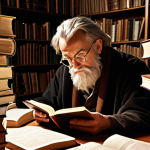 **

A philosopher deeply engrossed in a book, surrounded by stacks of other books, with notes scattered around. The scene is lit by a warm, inviting light, highlighting the philosopher's focused expression. In the background, subtle sketches of philosophical concepts like "reason," "logic," and "ethics" are visible. The overall mood is intellectual and contemplative. Keywords: Philosophy, reading, deep thought, academia, study, enlightenment.

**