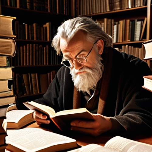 Home 14 **
A philosopher deeply engrossed in a book, surrounded by stacks of other books, with notes scattered around. The scene is lit by a warm, inviting light, highlighting the philosopher's focused expression. In the background, subtle sketches of philosophical concepts like "reason," "logic," and "ethics" are visible. The overall mood is intellectual and contemplative. Keywords: Philosophy, reading, deep thought, academia, study, enlightenment.
**