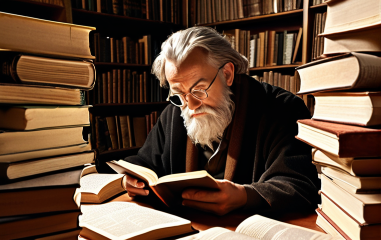 **

A philosopher deeply engrossed in a book, surrounded by stacks of other books, with notes scattered around. The scene is lit by a warm, inviting light, highlighting the philosopher's focused expression. In the background, subtle sketches of philosophical concepts like "reason," "logic," and "ethics" are visible. The overall mood is intellectual and contemplative. Keywords: Philosophy, reading, deep thought, academia, study, enlightenment.

**