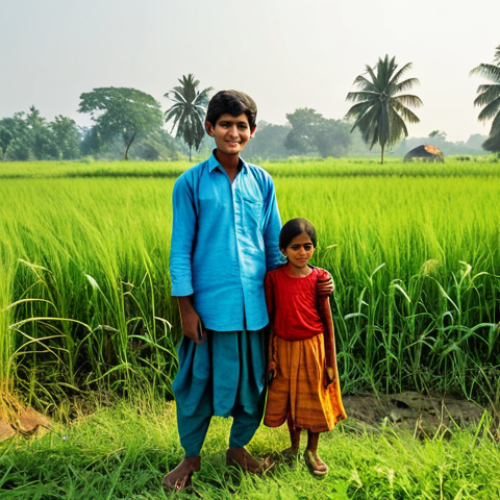 Home 7 **
A serene village scene in Bengal, inspired by Bibhutibhushan Bandopadhyay's "Pather Panchali." Depict a young boy and girl (Apu and Durga), fully clothed in modest traditional attire, exploring a field with tall grass under a bright sun. Capture the essence of rural life, with a distant village visible. Perfect anatomy, natural proportions, professional quality, safe for work, appropriate content, fully clothed, family-friendly.
**