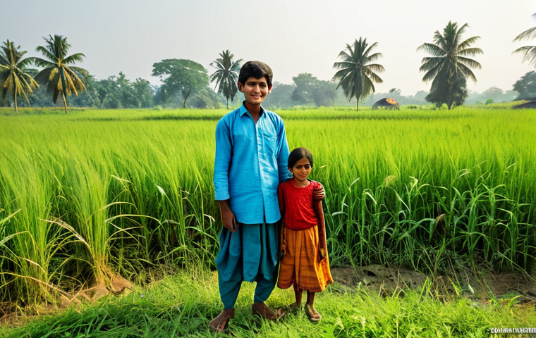 **

A serene village scene in Bengal, inspired by Bibhutibhushan Bandopadhyay's "Pather Panchali."  Depict a young boy and girl (Apu and Durga), fully clothed in modest traditional attire, exploring a field with tall grass under a bright sun. Capture the essence of rural life, with a distant village visible.  Perfect anatomy, natural proportions, professional quality, safe for work, appropriate content, fully clothed, family-friendly.

**