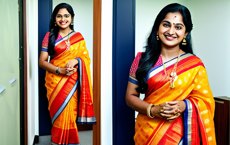 **

"A professional woman in a traditional Bengali saree, smiling warmly in a modern office setting, fully clothed, appropriate attire, safe for work, perfect anatomy, natural proportions, professional photography, high quality, family-friendly."

**